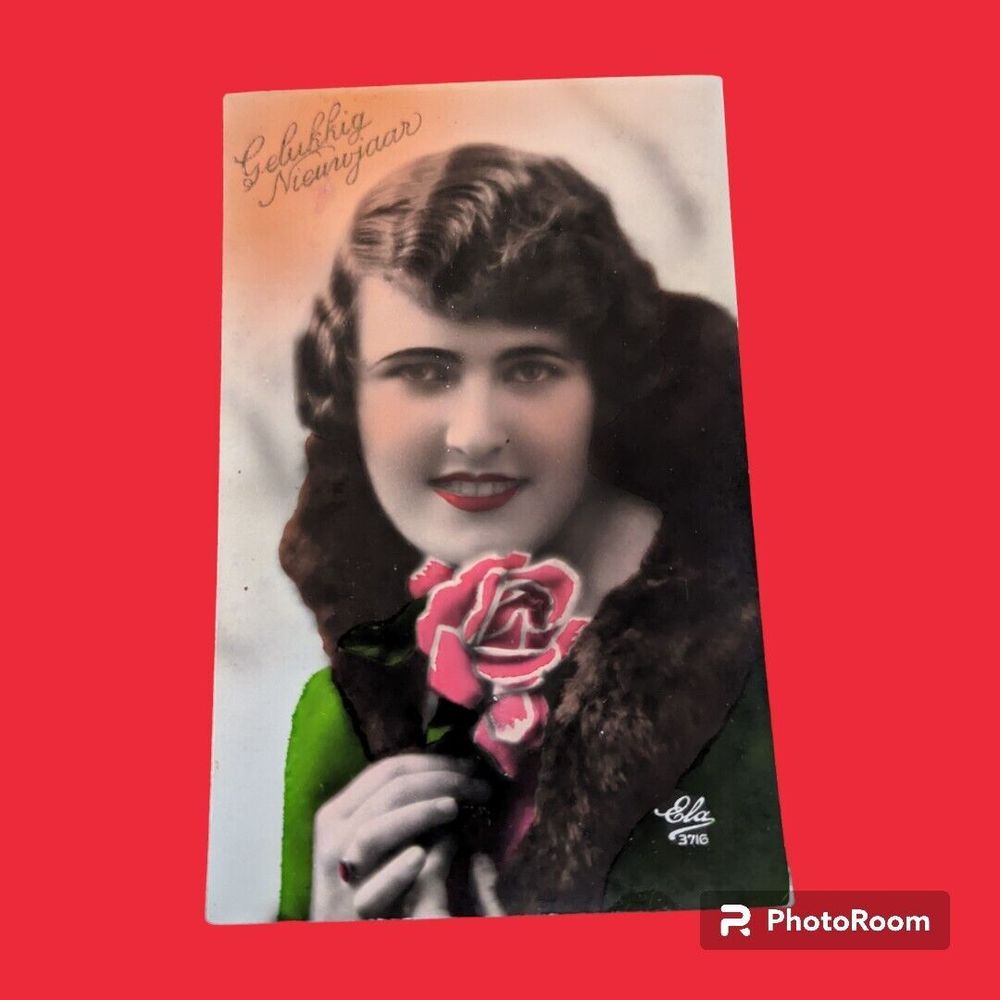 Pretty Dutch Lady with a Rose Postcard 1943 Happy New Year Valentines Day Ela